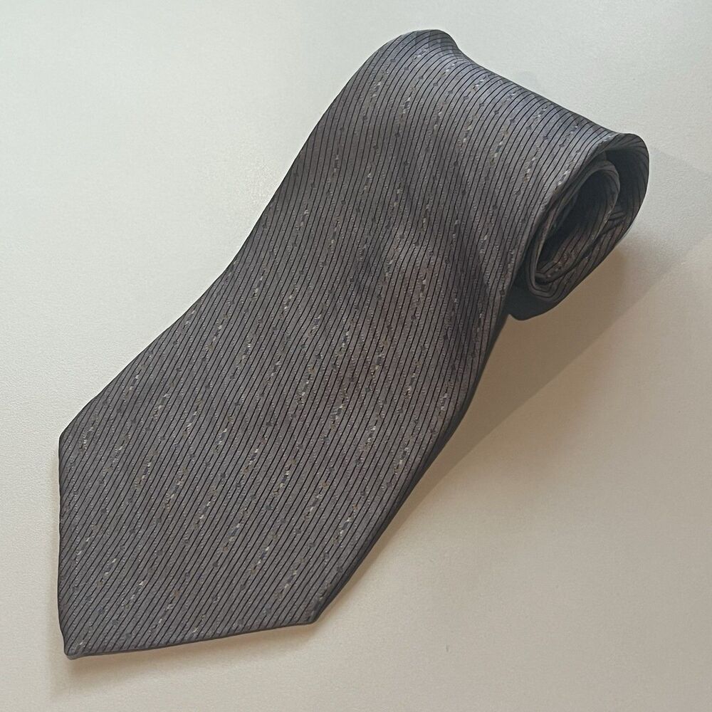 DKNY Men Silk Tie Silver Gray Diagonal Striped Dotted Micro Geometric Corporate